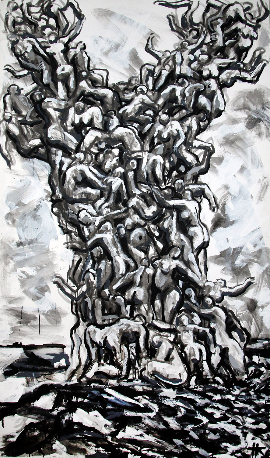„Figurenbaum“, Kunstharzdispersion auf Holz, 2000, 210 x 112 cm