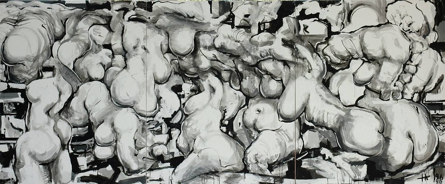 „Großes Figurenbild“, Kunstharzdispersion auf Holz, 1996/1997, 150 x 360 cm